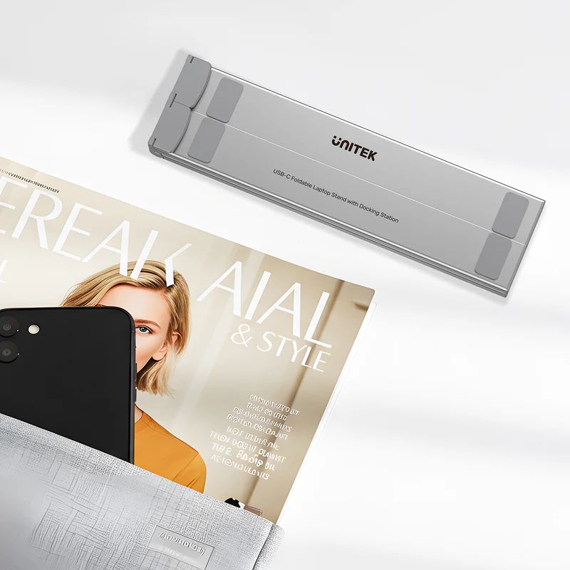 Unitek USB-C Foldable Laptop Stand with Docking Station Silver
