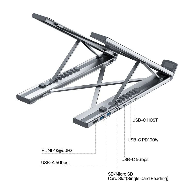 Unitek USB-C Foldable Laptop Stand with Docking Station Silver