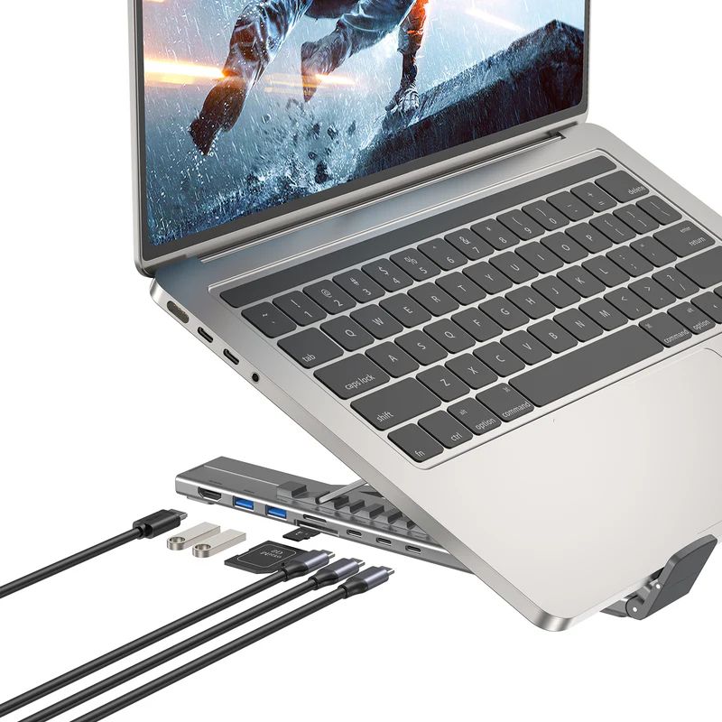 Unitek USB-C Foldable Laptop Stand with Docking Station Silver