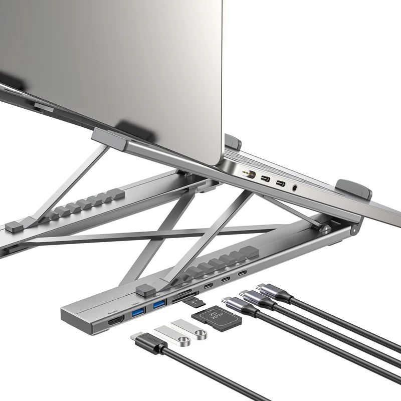 Unitek USB-C Foldable Laptop Stand with Docking Station Silver