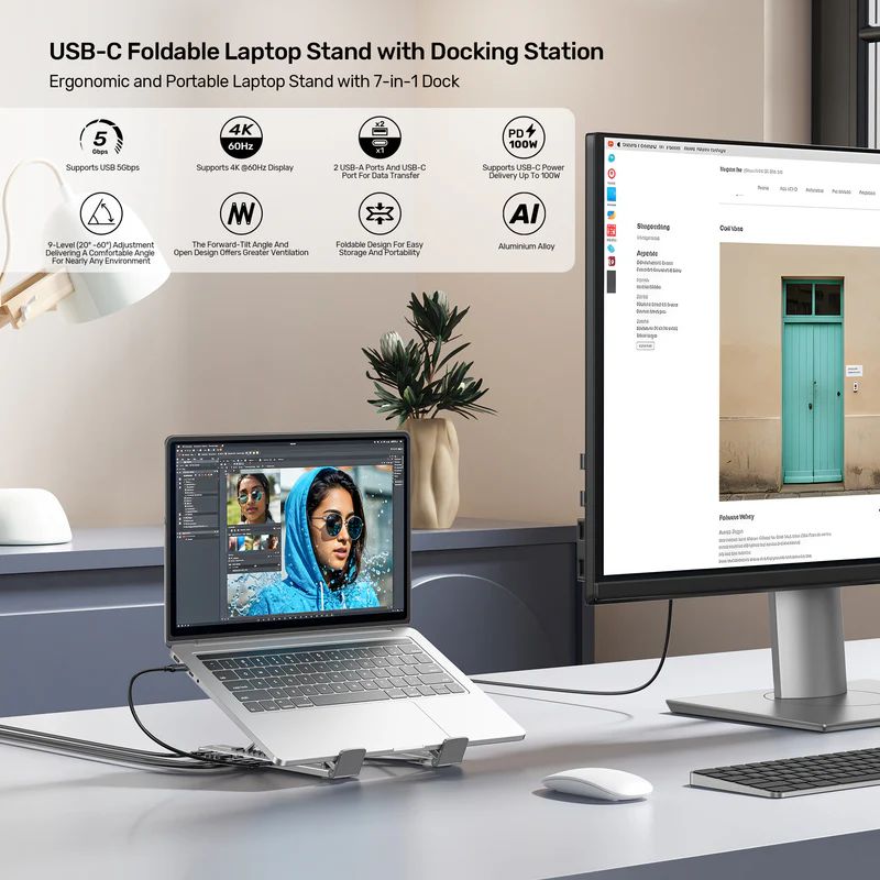 Unitek USB-C Foldable Laptop Stand with Docking Station Silver