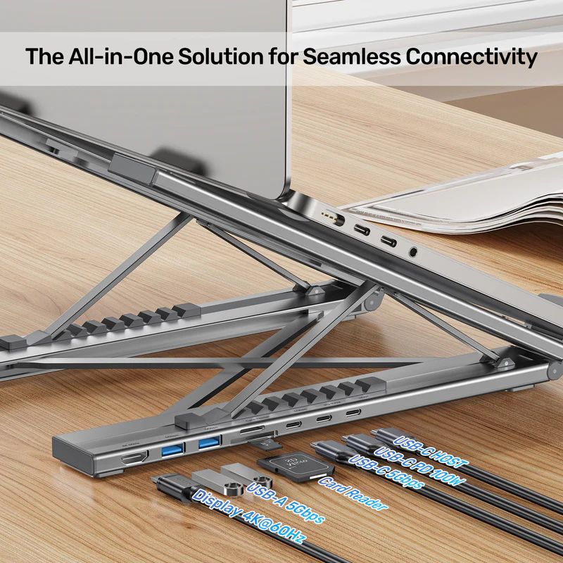 Unitek USB-C Foldable Laptop Stand with Docking Station Silver
