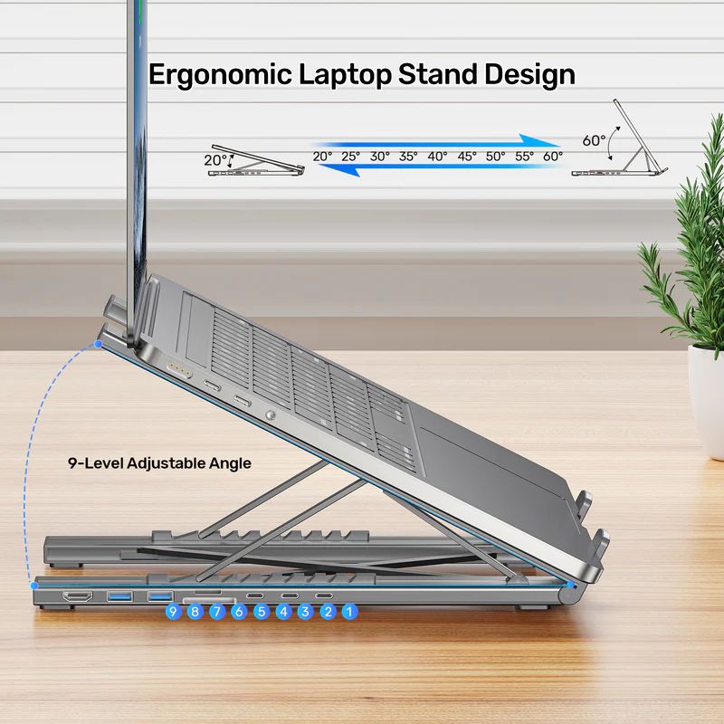 Unitek USB-C Foldable Laptop Stand with Docking Station Silver