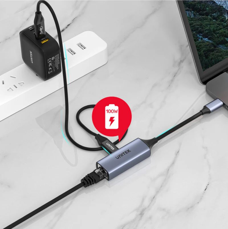 Unitek USB-C To Gigabit Ethernet Adapter With 100W Power Delivery Space Grey