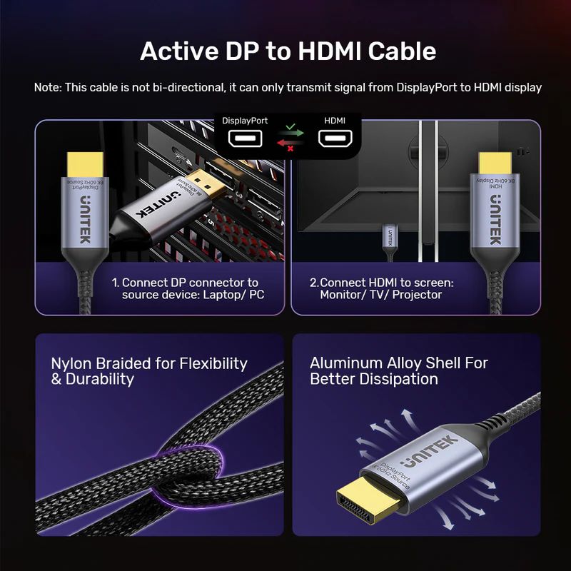 Unitek DisplayPort 1.4 to HDMI 8K Cable 1,8m Black