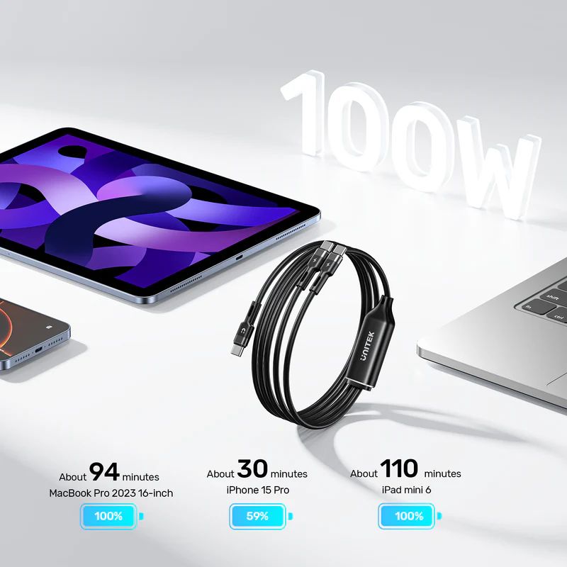 Unitek PD100W 2-in-1 USB-C Cable 1,8m Black