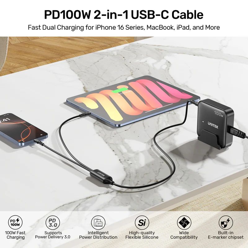 Unitek PD100W 2-in-1 USB-C Cable 1,8m Black