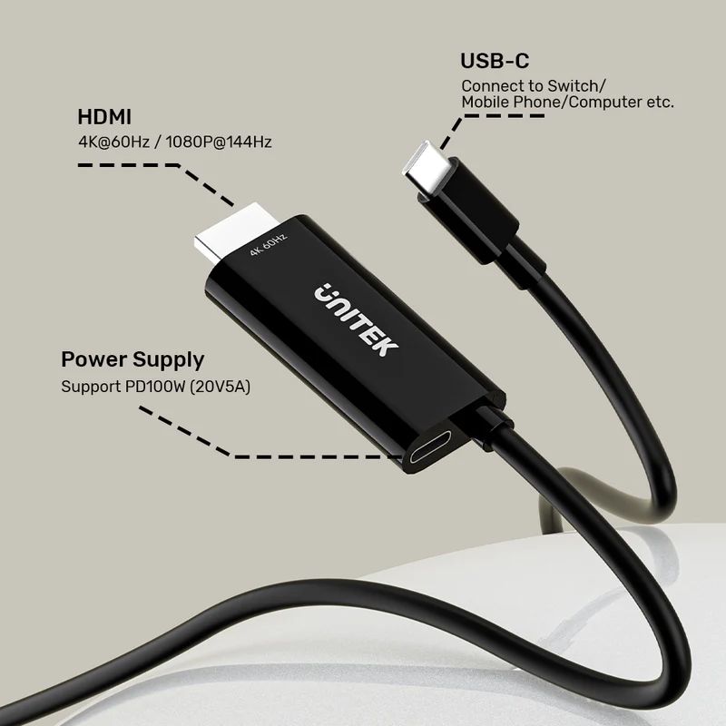 Unitek USB-C to HDMI 4K 60Hz Cable with PD 100W 2m Black