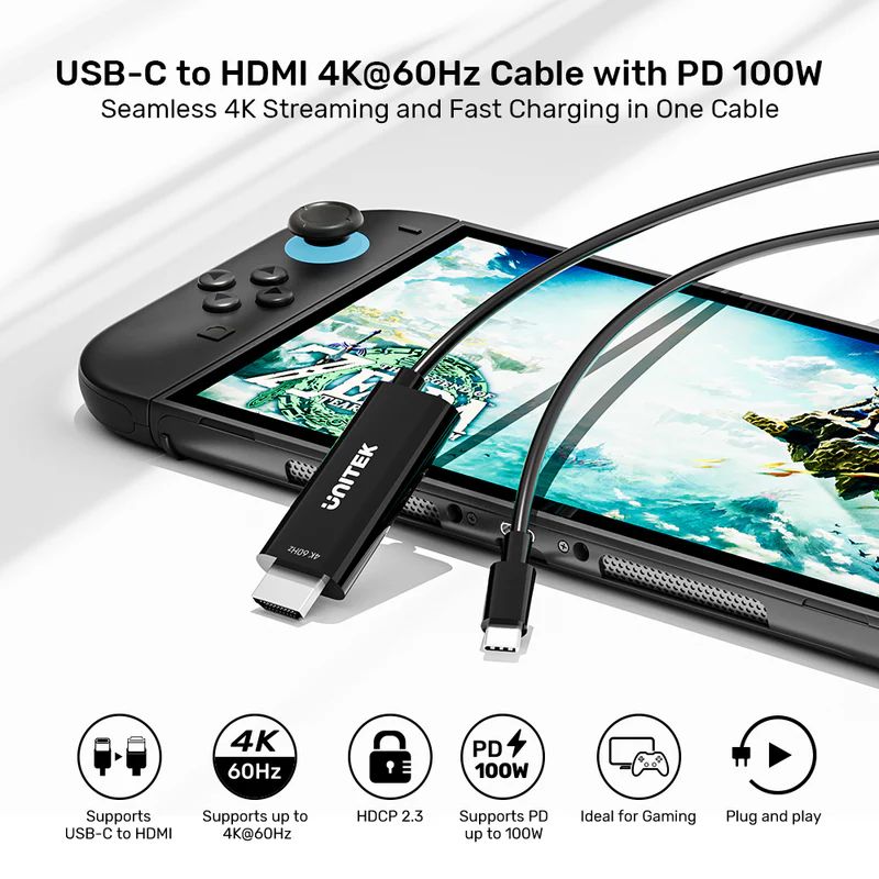 Unitek USB-C to HDMI 4K 60Hz Cable with PD 100W 2m Black