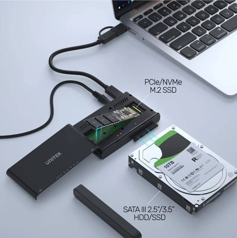 Unitek SolidForce+ USB-C to PCIe/NVMe M.2 SSD Enclosure plus SATA III Adapter with Offline Clone