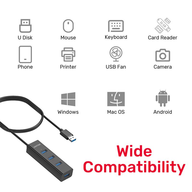 Unitek 4-in-1 USB-A 5Gbps Hub Black