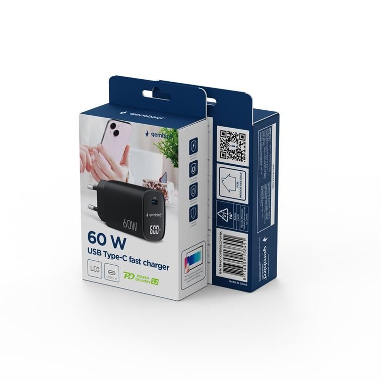 Gembird 60W USB Type-C fast charger LCD Black