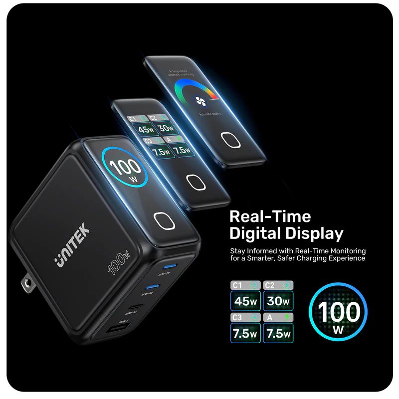 Unitek Rexo 100W 4-Port GaN Charger with Smart Display Black