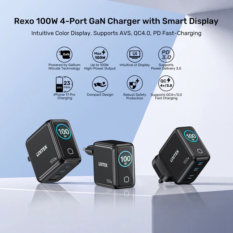 Unitek Rexo 100W 4-Port GaN Charger with Smart Display Black