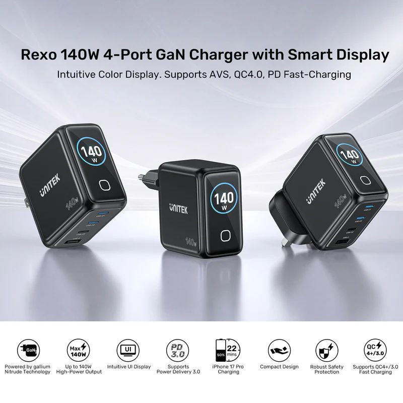 Unitek Rexo 140W 4-Port GaN Charger with Smart Display Black