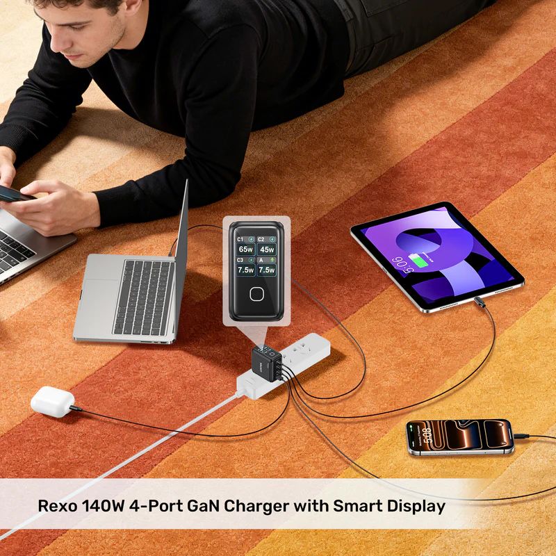 Unitek Rexo 140W 4-Port GaN Charger with Smart Display Black