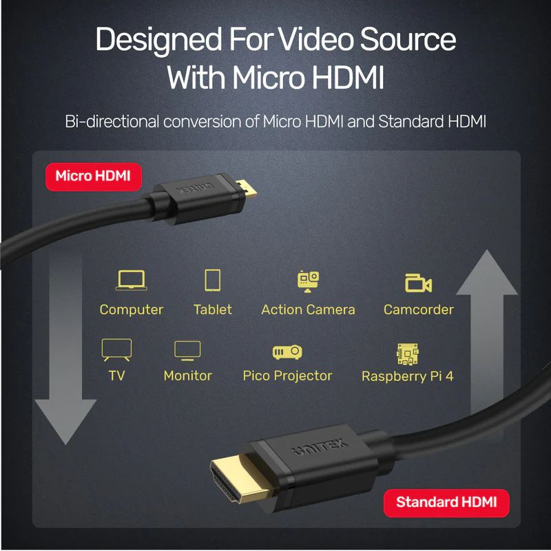 Unitek Micro HDMI to HDMI 4K 60Hz High Speed Cable 2m Black