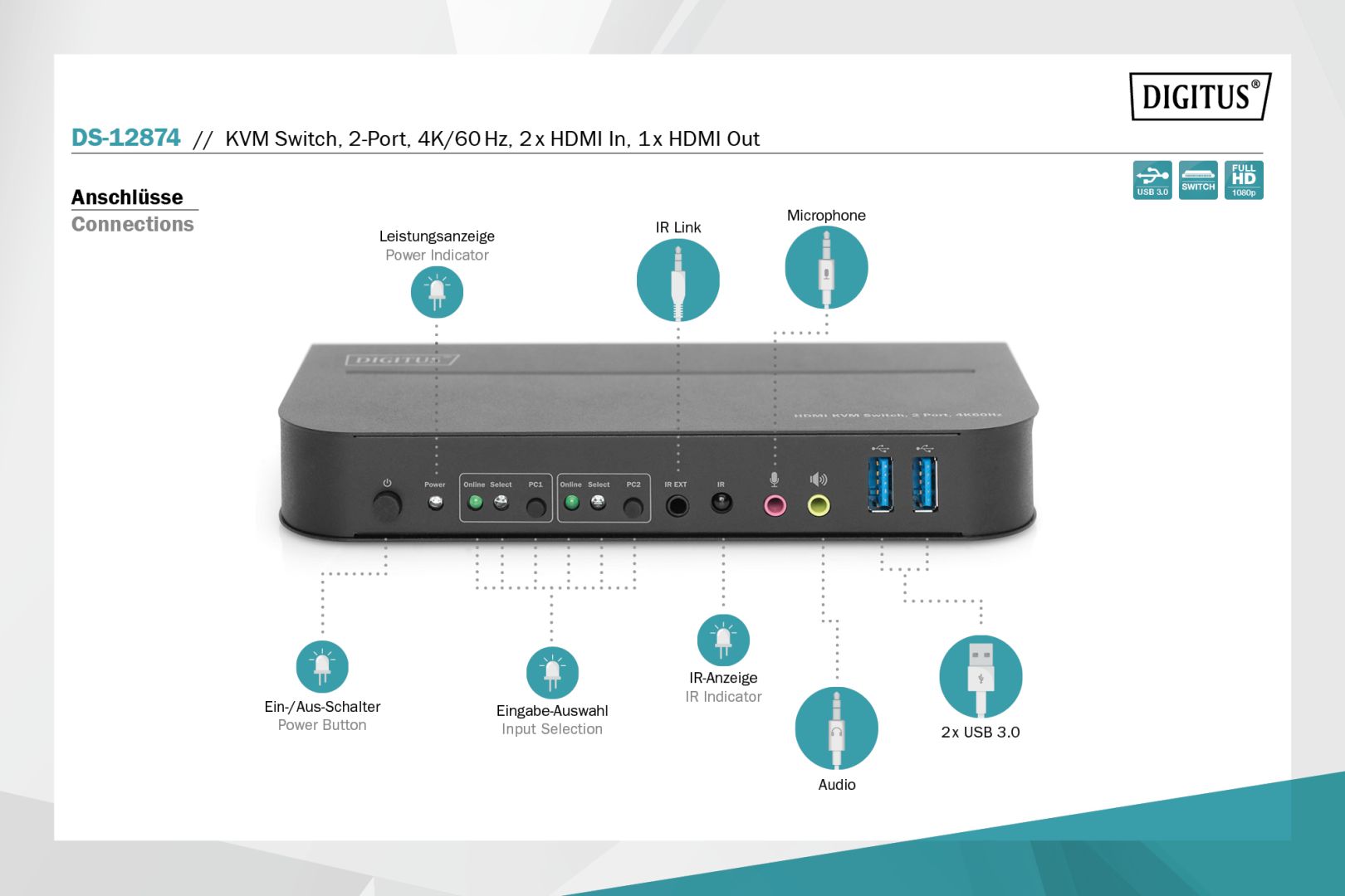 Digitus KVM Switch 2x1 HDMI HDMI Out USB 4Kx2K@60Hz Black