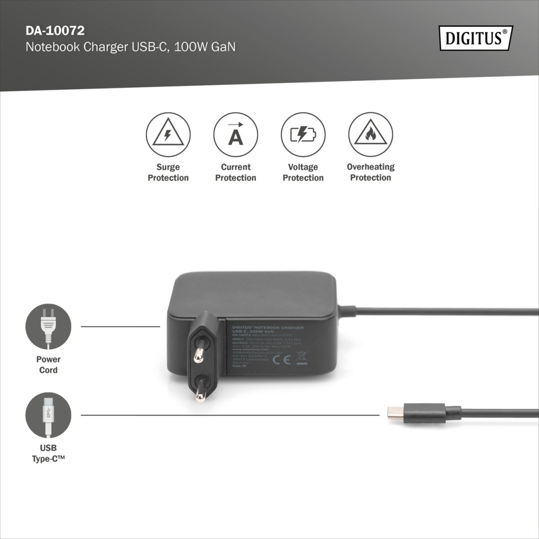 Digitus DA-10072 5-20V / 5A 100W Type-C univerzális hálózati notebook töltő
