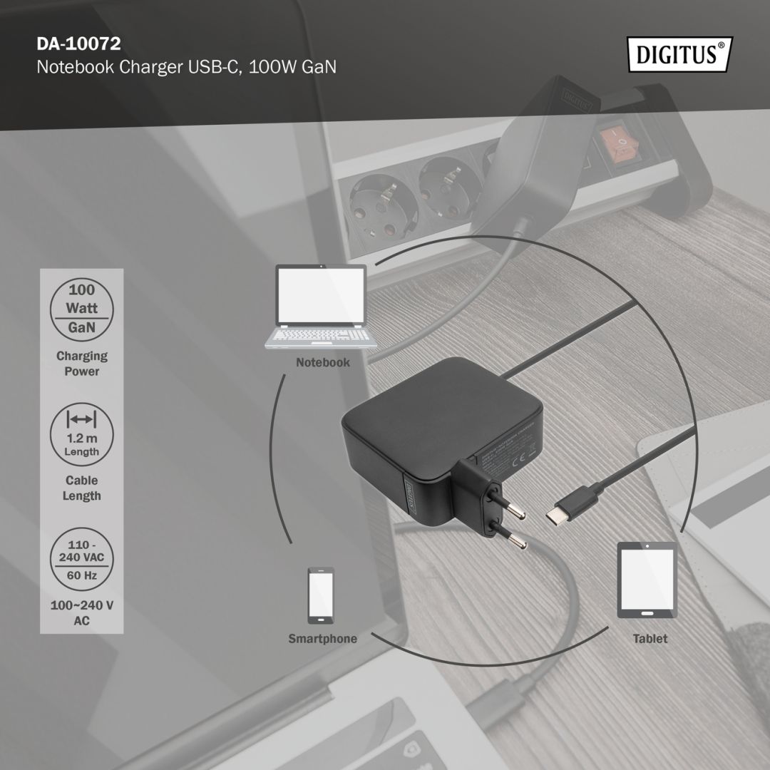 Digitus DA-10072 5-20V / 5A 100W Type-C univerzális hálózati notebook töltő