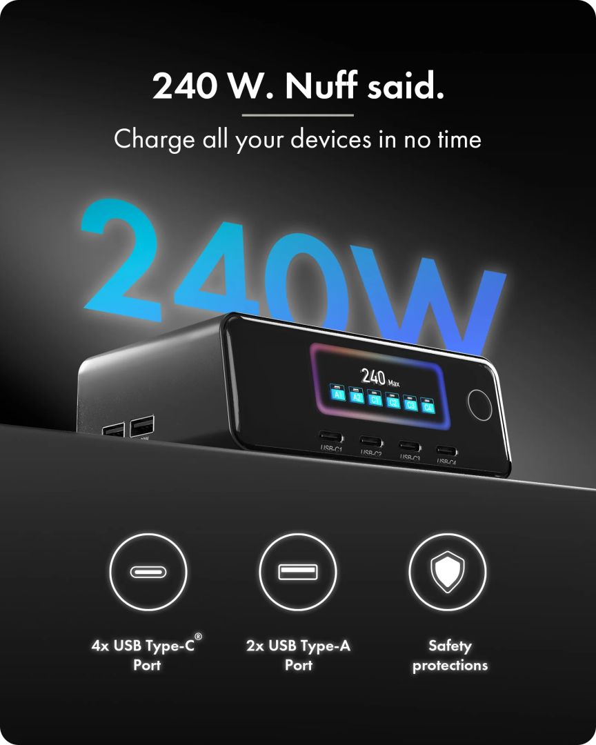 Raidsonic IcyBox GaN Charging Station with LCD-TFT display and up to 240 W