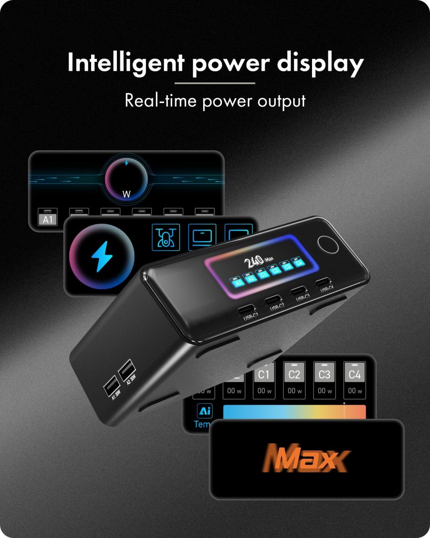 Raidsonic IcyBox GaN Charging Station with LCD-TFT display and up to 240 W