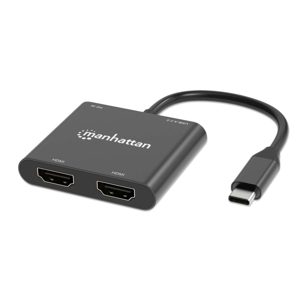 Manhattan USB-C PD to Dual-HDMI Monitor Adapter for Laptop and Tablet Black