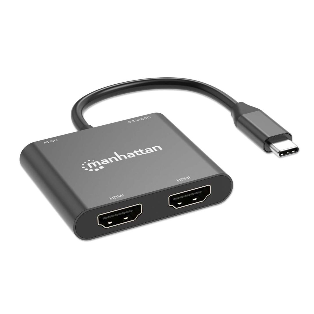 Manhattan USB-C PD to Dual-HDMI Monitor Adapter for Laptop and Tablet Black