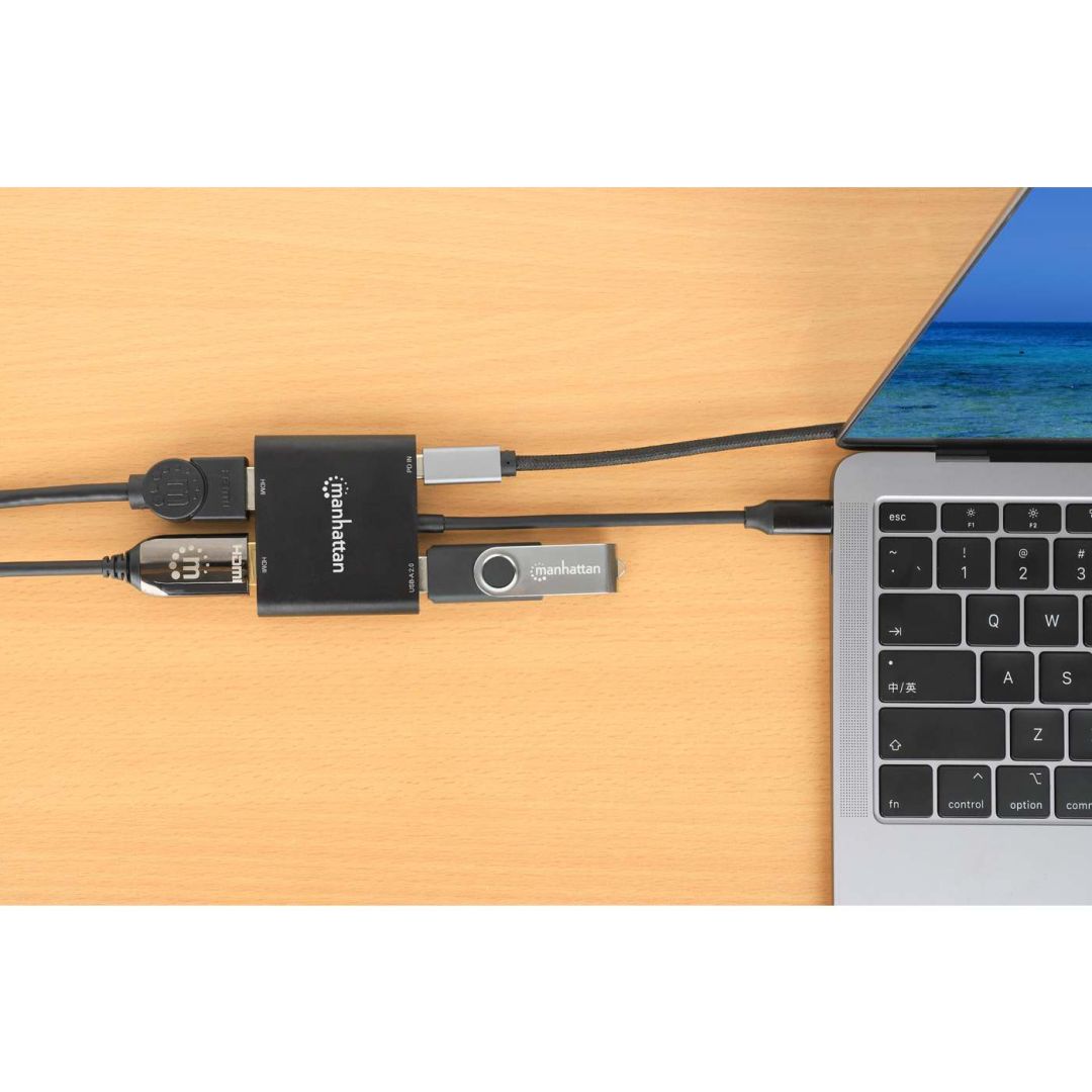 Manhattan USB-C PD to Dual-HDMI Monitor Adapter for Laptop and Tablet Black
