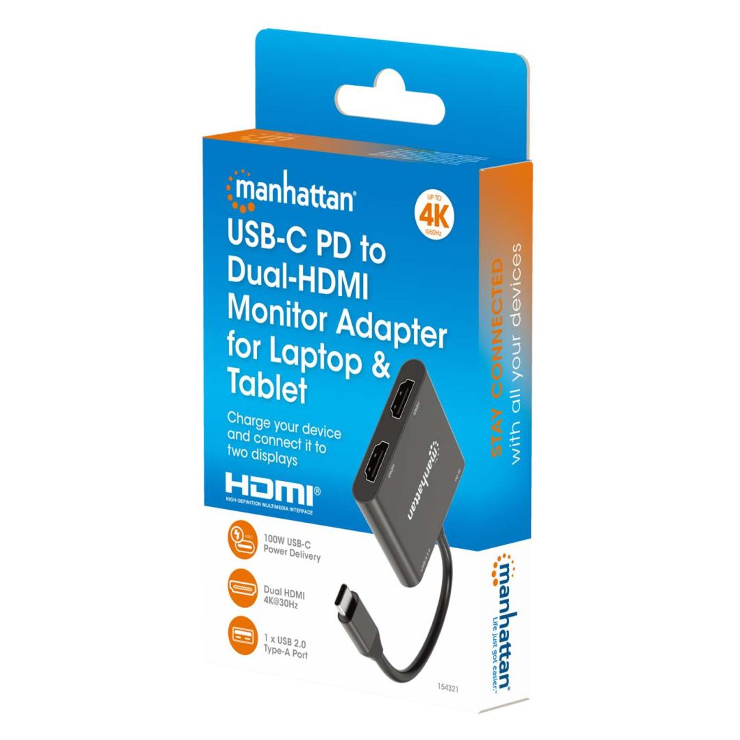 Manhattan USB-C PD to Dual-HDMI Monitor Adapter for Laptop and Tablet Black
