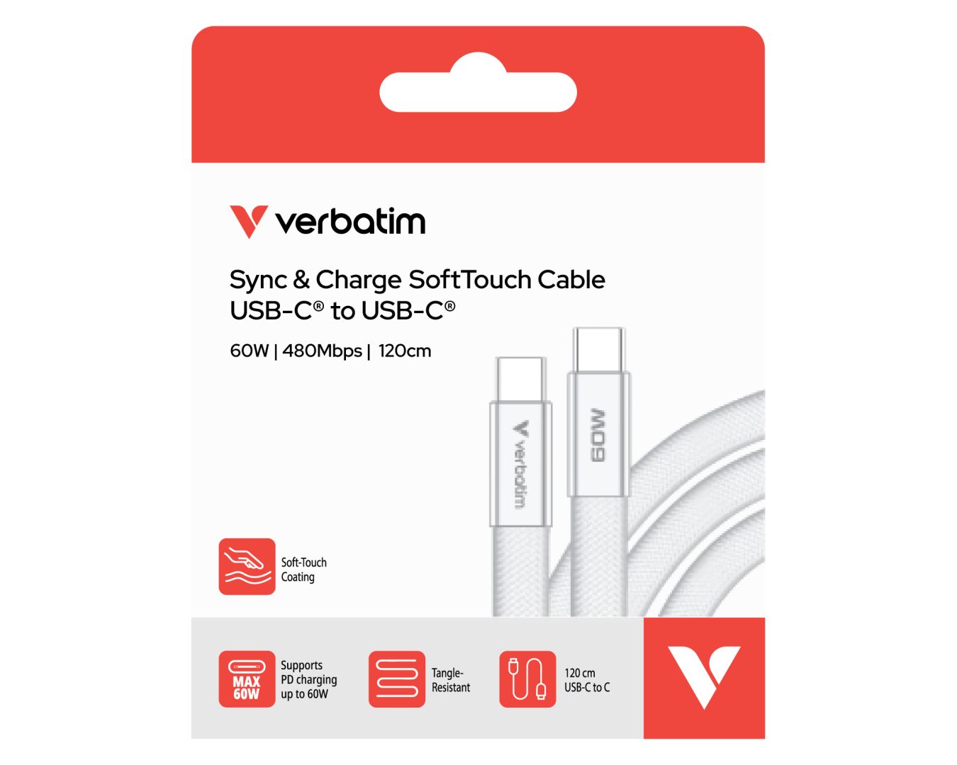 Verbatim Sync & Charge SoftTouch USB-C to USB-C 60W cable 1,2m White