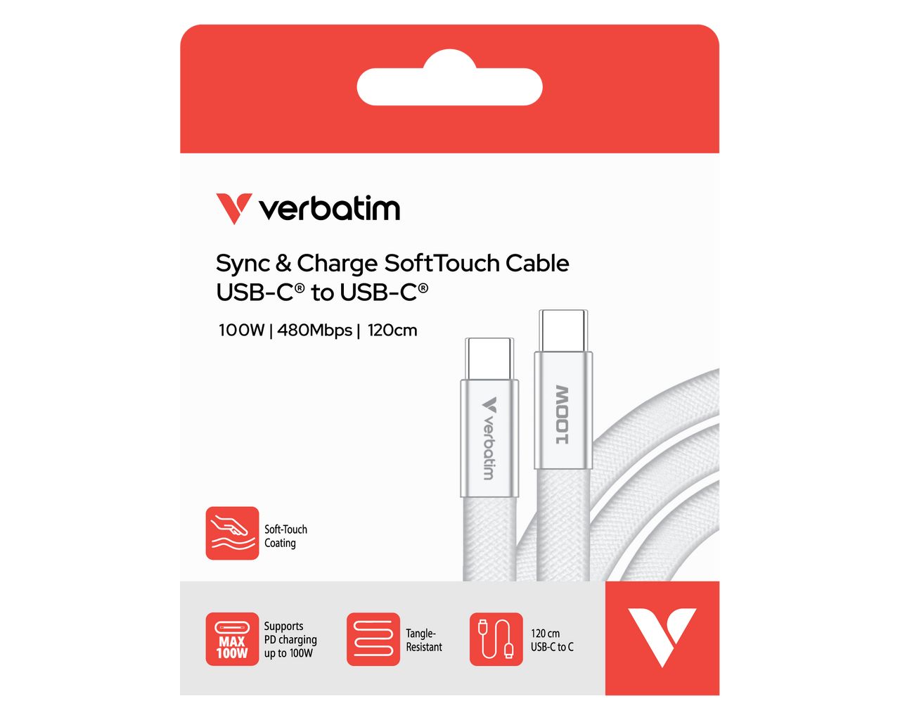 Verbatim Sync & Charge SoftTouch USB-C to USB-C 100W cable 1,2m White