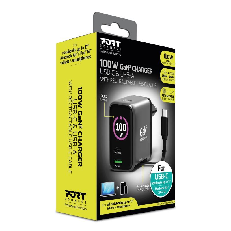 Port Designs GaN2 PD 100W Wall Charger with 70cm USB-C cable Black