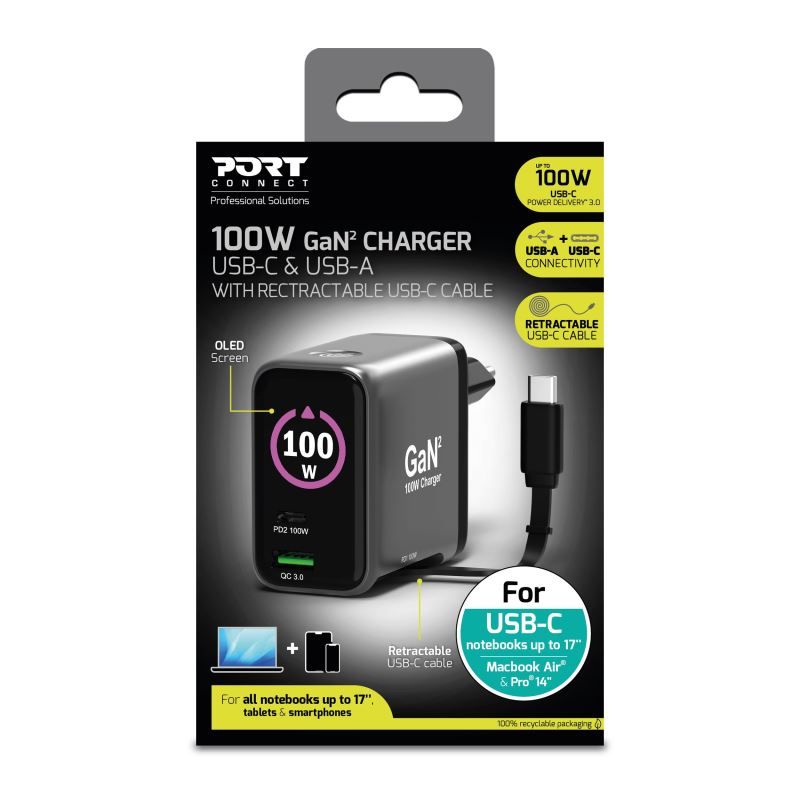 Port Designs GaN2 PD 100W Wall Charger with 70cm USB-C cable Black