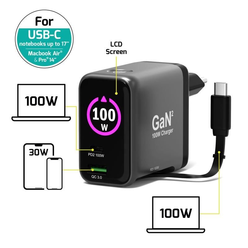 Port Designs GaN2 PD 100W Wall Charger with 70cm USB-C cable Black