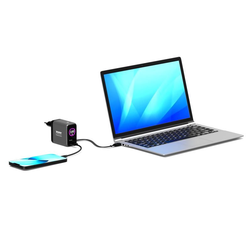 Port Designs GaN2 PD 100W Wall Charger with 70cm USB-C cable Black