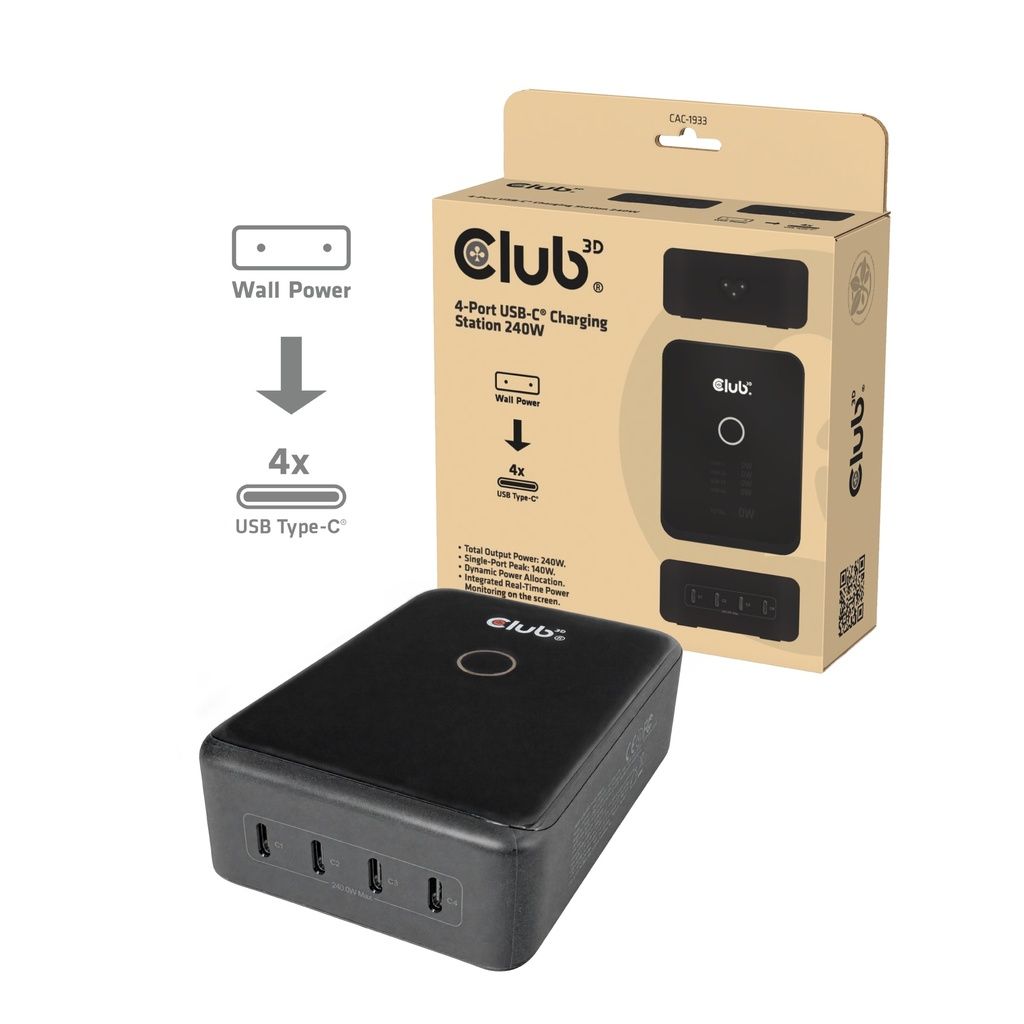 Club3D CAC-1933 4-Port USB-C Charging Station 240W GaN PD 3.1 + PPS + LED Display