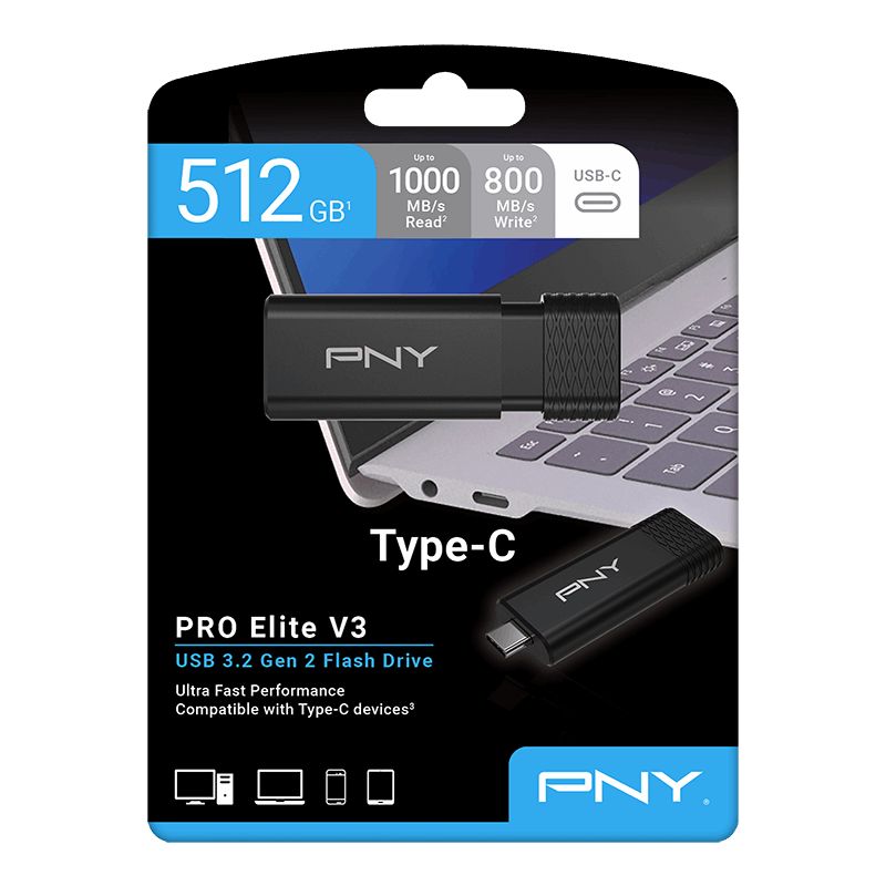 PNY 512GB PRO Elite V3 Type-C USB 3.2 Flash Drive Black