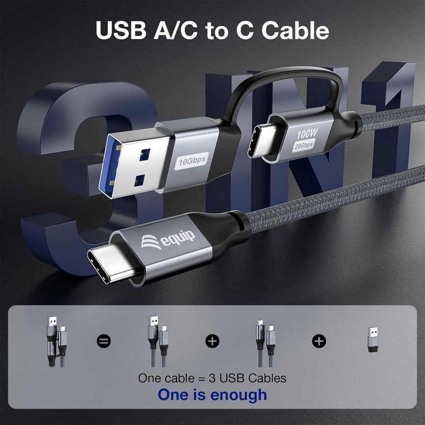 EQuip 2 in 1 USB 3.2 Gen 2x2 C to C/A cable 1m Black