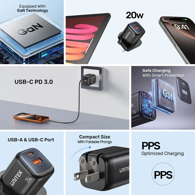 Unitek Zeno 20W Dual-Port Gan Wall Charger EU Black