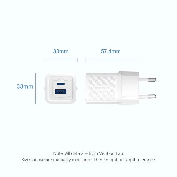 Vention 2-Port USB (C+A) GaN Charger (30W/30W) EU-Plug Pink