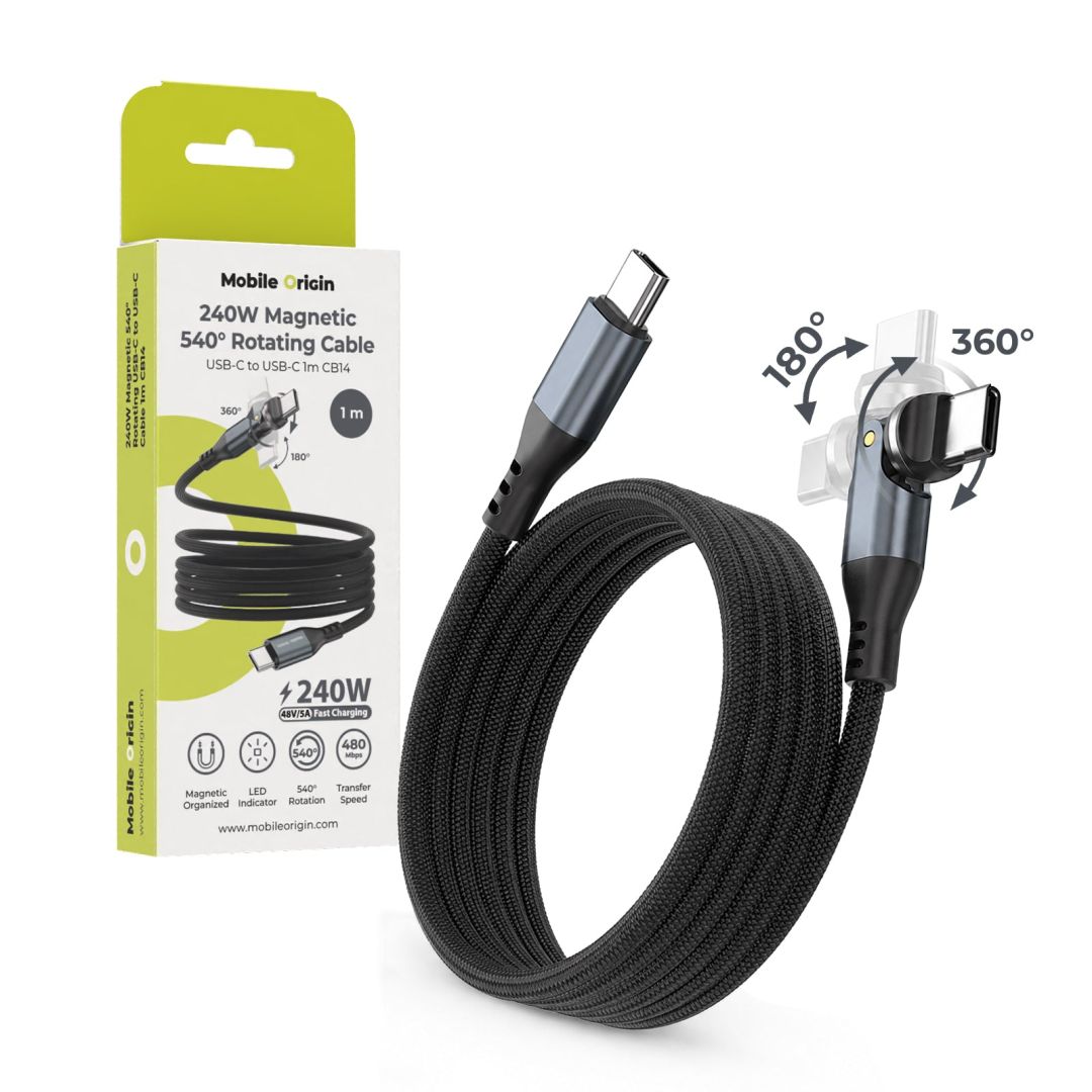 Mobile Origin CB14 240W Magnetic 540° Rotating USB-C to USB-C Cable 1m Space Gray