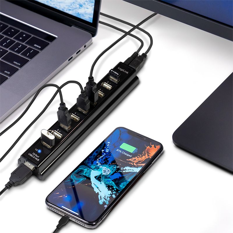 Logilink USB 2.0 hub 10-port with power supply Black