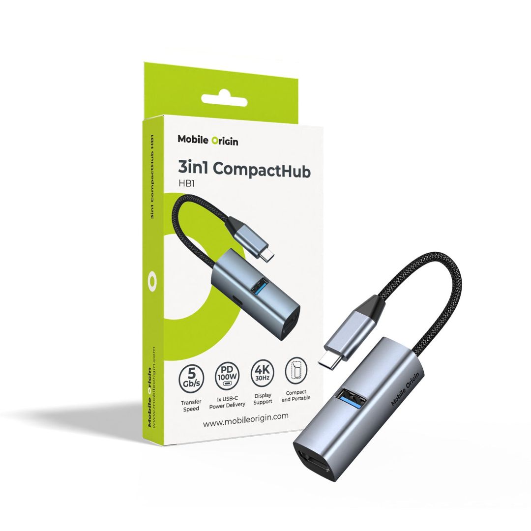 Mobile Origin 3in1 CompactHub HB1 USB-A to USB-C, HDMI, USB-C Cable Space Gray