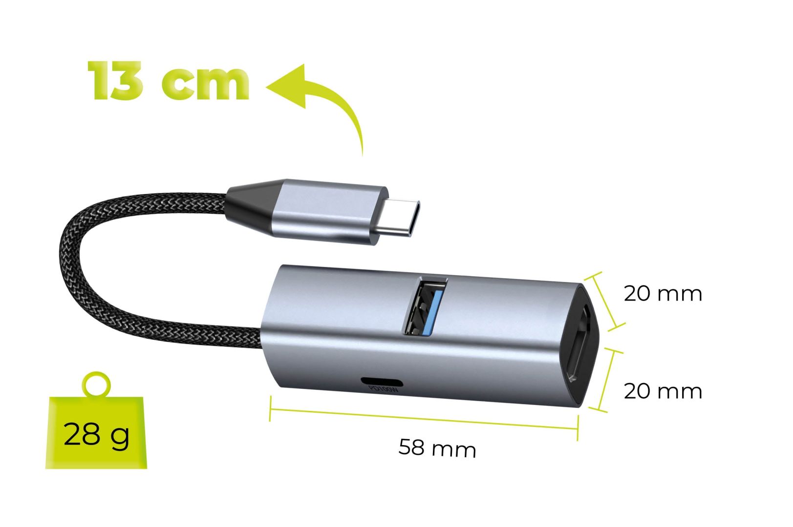 Mobile Origin 3in1 CompactHub HB1 USB-A to USB-C, HDMI, USB-C Cable Space Gray