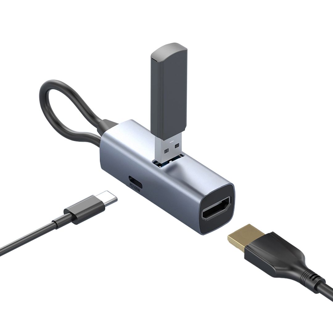 Mobile Origin 3in1 CompactHub HB1 USB-A to USB-C, HDMI, USB-C Cable Space Gray