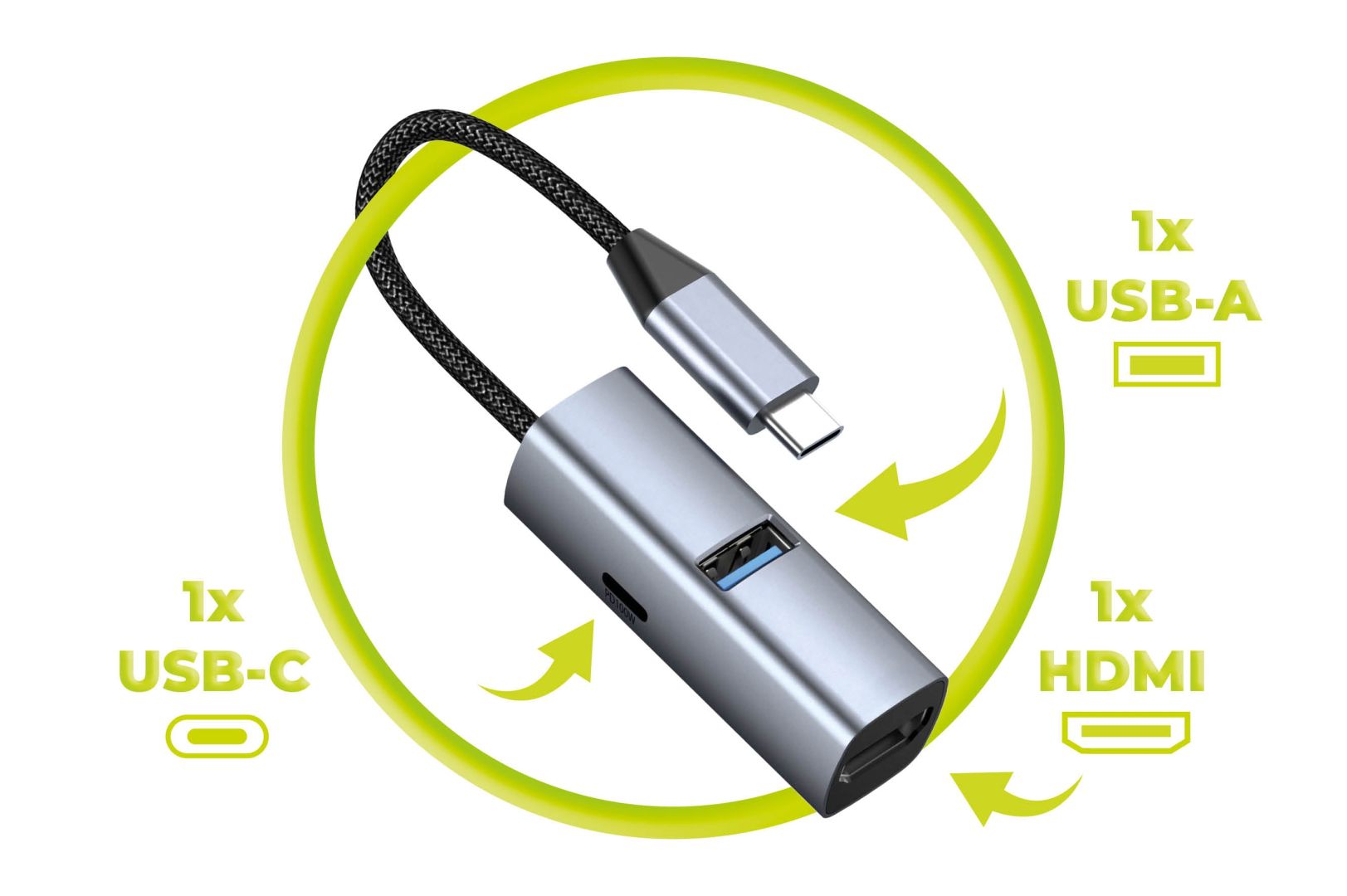 Mobile Origin 3in1 CompactHub HB1 USB-A to USB-C, HDMI, USB-C Cable Space Gray
