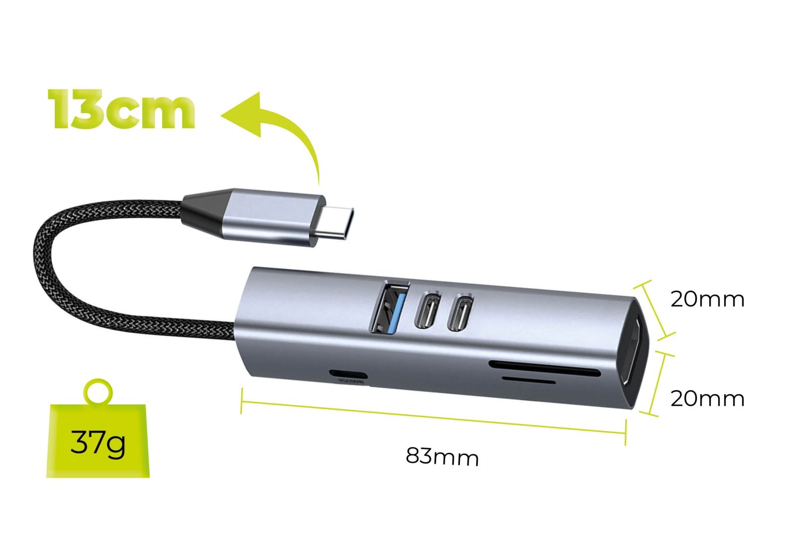 Mobile Origin USB-C Hub 7-in-1 HB2, HDMI, 3× USB-C, USB-A, TF/SD Slot, 5 Gb/s, Space Gray
