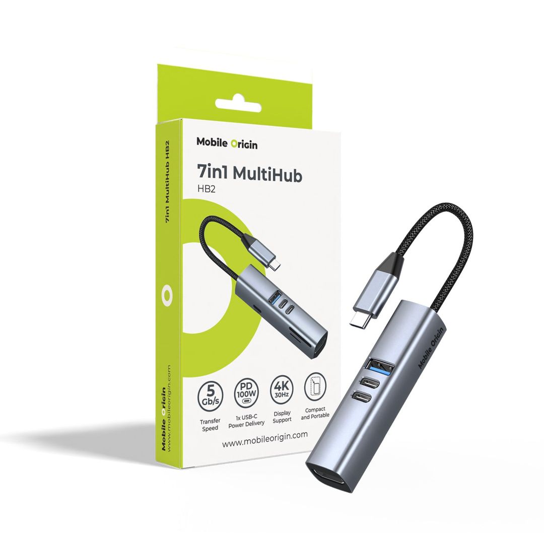 Mobile Origin USB-C Hub 7-in-1 HB2, HDMI, 3× USB-C, USB-A, TF/SD Slot, 5 Gb/s, Space Gray