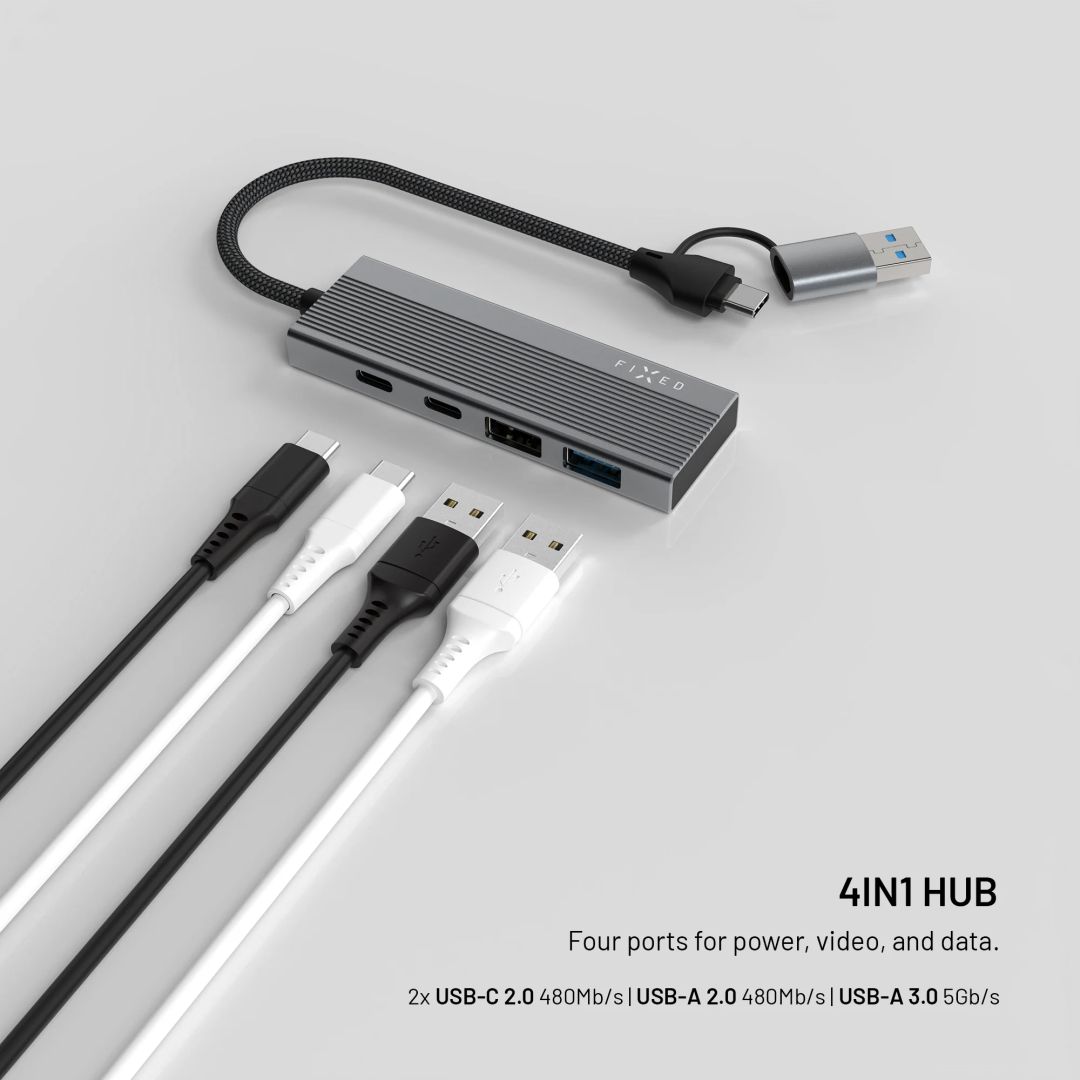 FIXED 4 portos USB-HUB, sötétszürke